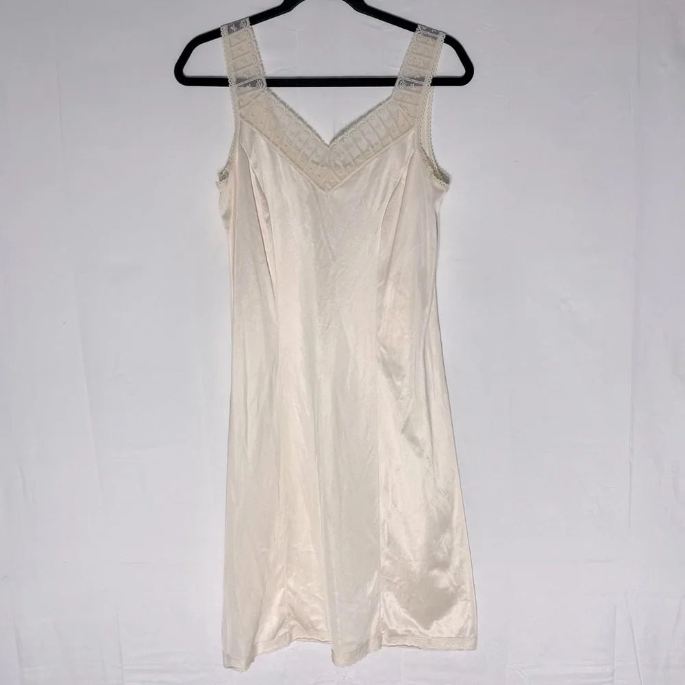 Vintage Cream Satiny Slip Dress Lingerie With Lace Trim L